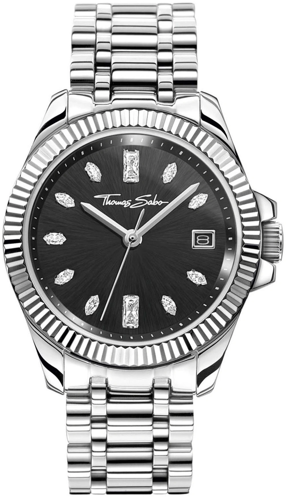 Eine Thomas Sabo Uhr mit schwarzem Zifferblatt und einem Datumsfenster.