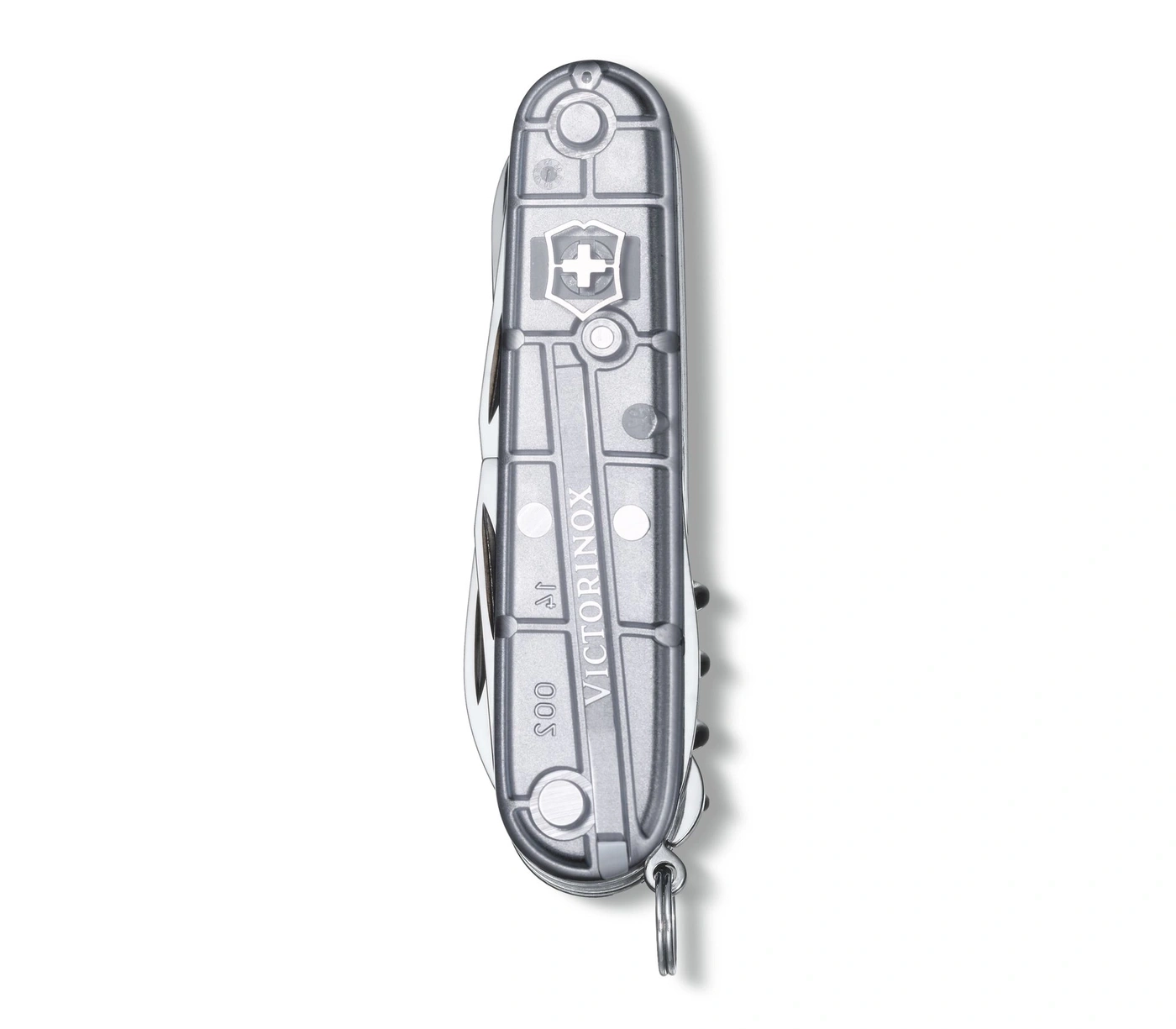 Schweizer Taschenmesser, silberfarben, mit dem Logo von Victorinox, auf weißem Hintergrund