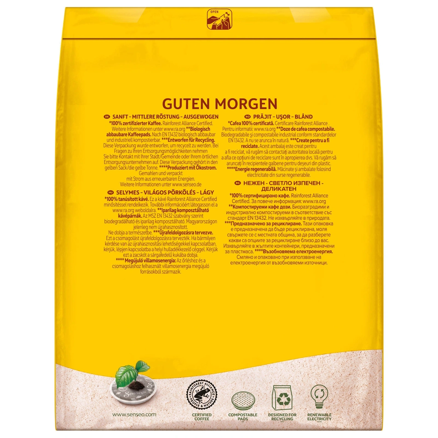 Kaffeepads-Verpackung mit Zertifizierungen, Text und Logo. Nachhaltigkeit und Recycling.