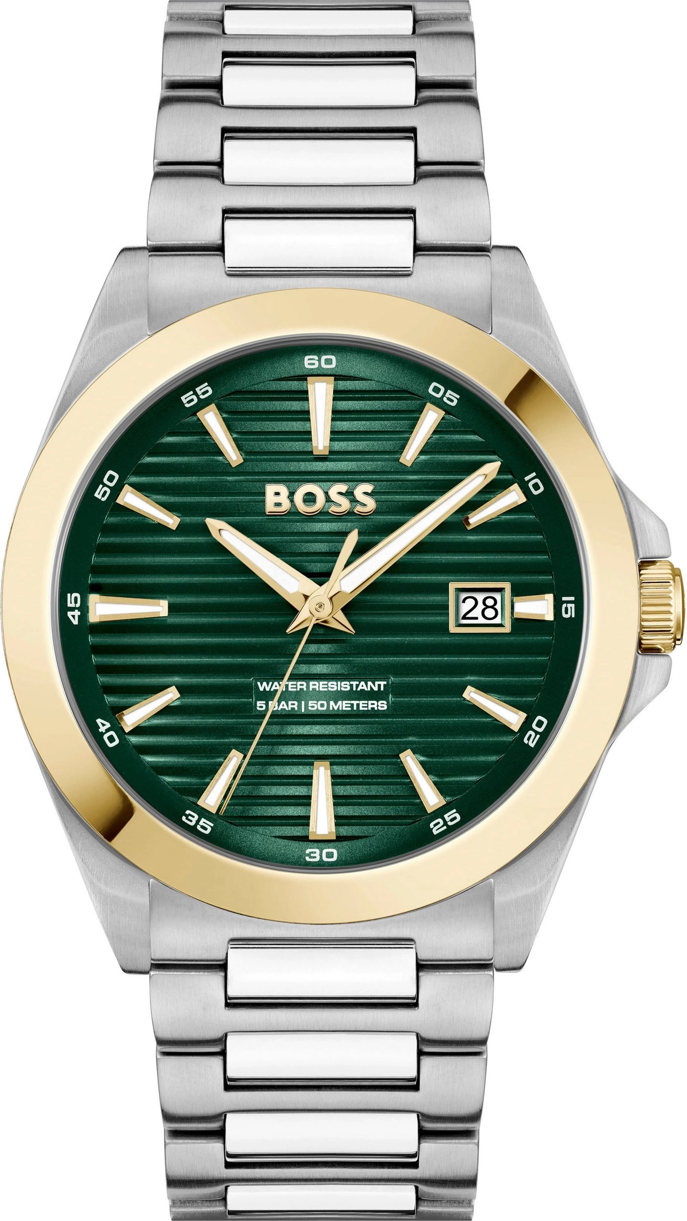 Eine grüne BOSS-Herrenuhr mit goldenem Rand, silbernem Armband und Datumsanzeige.
