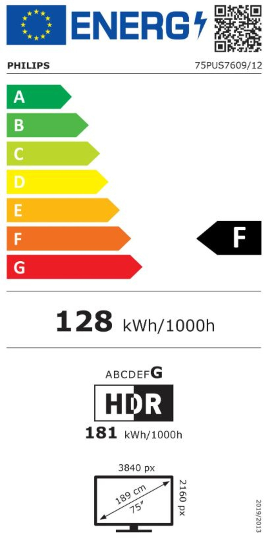 Energieeffizienzlabel Fernseher Philips 75PUS7609/12, Energieklasse F, 128 kWh/1000h