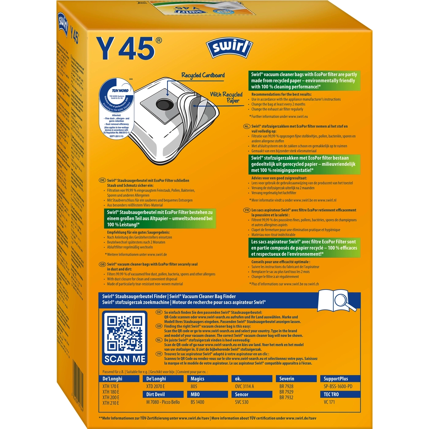 Swirl Y 45 Staubsaugerbeutel Verpackung mit QR-Code, Produktinformationen und Kompatibilitätsliste für Staubsauger.