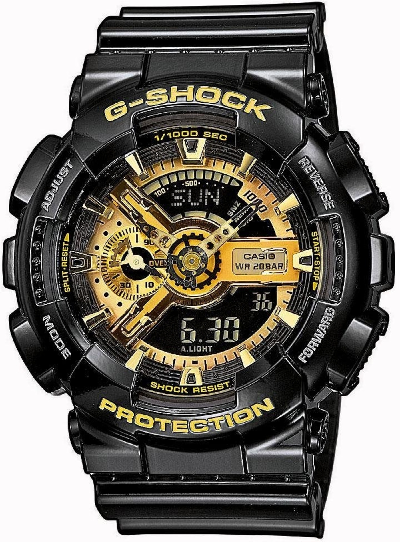 Schwarze G-Shock-Uhr mit goldenen Akzenten, Digitalanzeige, Datum und Uhrzeit, Stoßfestigkeit, Schutz.