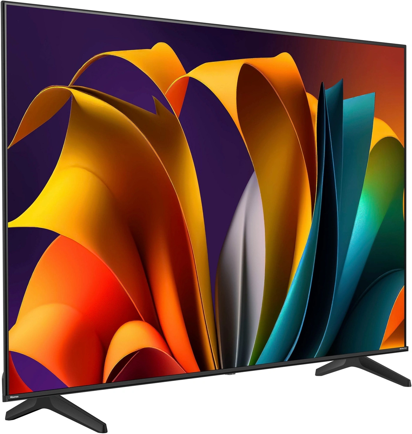 Ein Hisense Fernseher mit einem bunten abstrakten Hintergrunddisplay.
