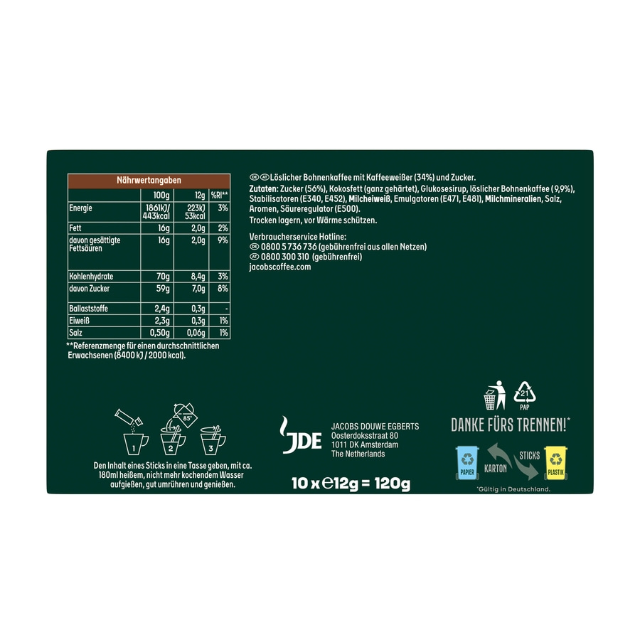 JACOBS Löskaffee 3in1 Classic 12x10 Sticks löslicher Kaffee Instantkaffee 120