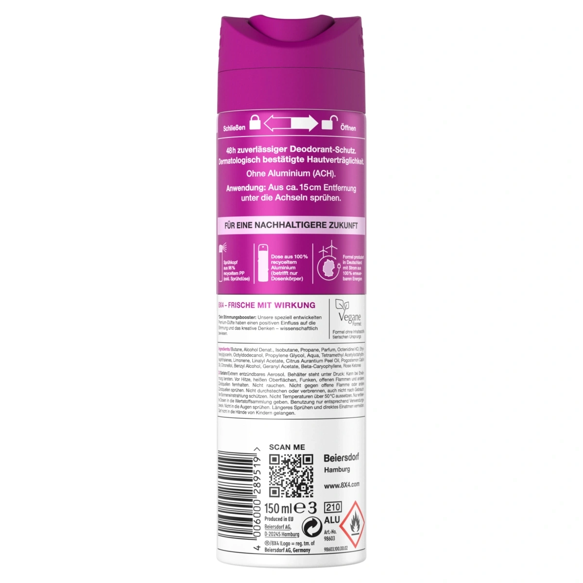 Aerosol spray can of Beiersdorf 8X4 with a pink and purple design.