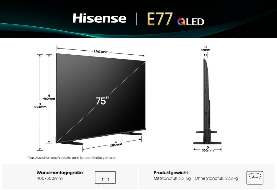 Hisense E77 QLED 75 Zoll Fernseher mit Maßen und Gewicht