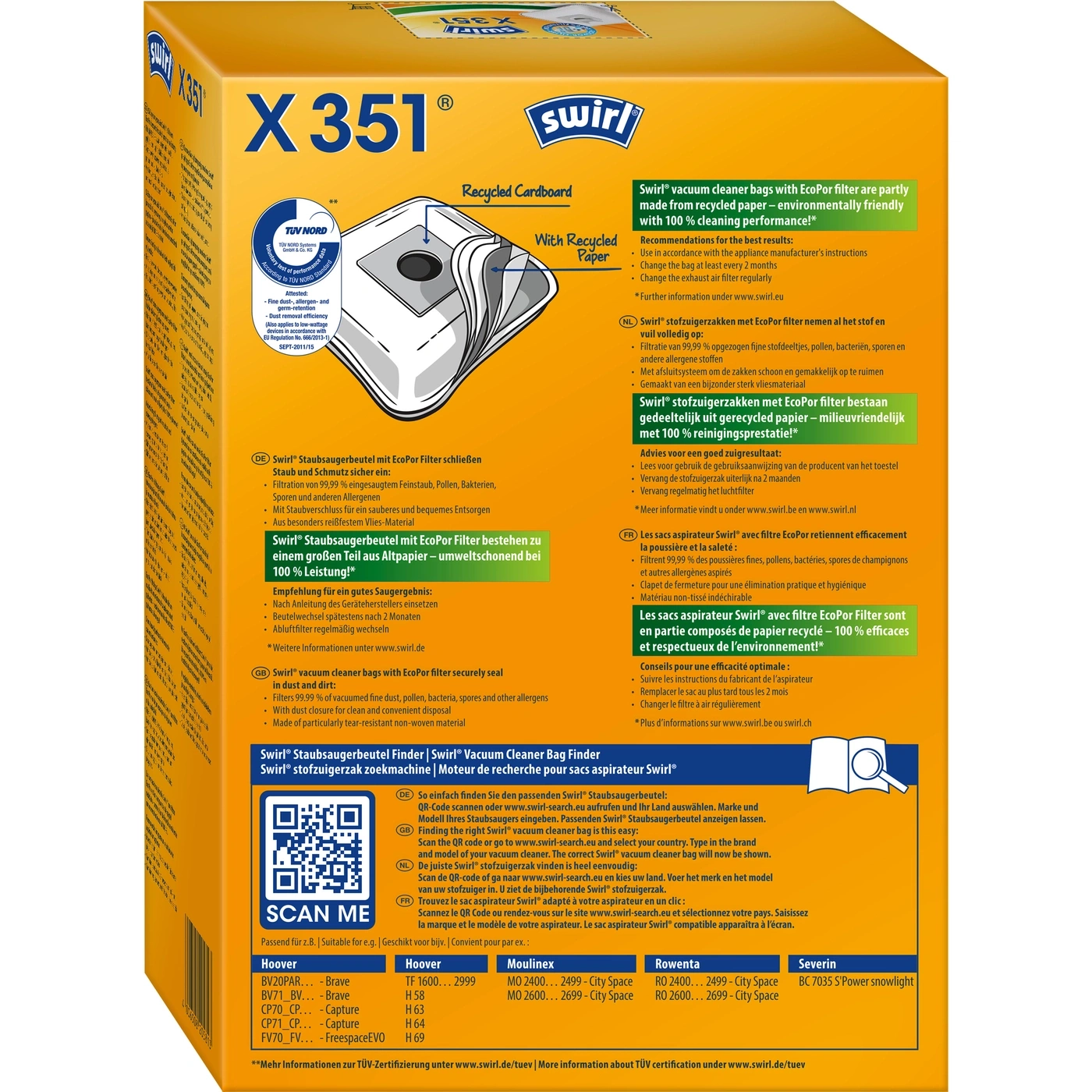 Swirl Staubsaugerbeutel Packung mit Informationen und Modellen für Staubsaugerbeutel.