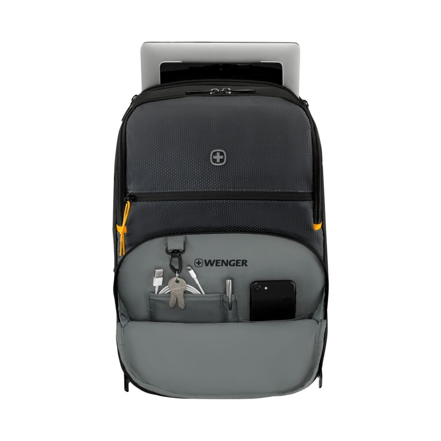 Schwarzer Rucksack mit Laptop, Zubehör und WENGER-Logo. Praktisch und stilvoll.