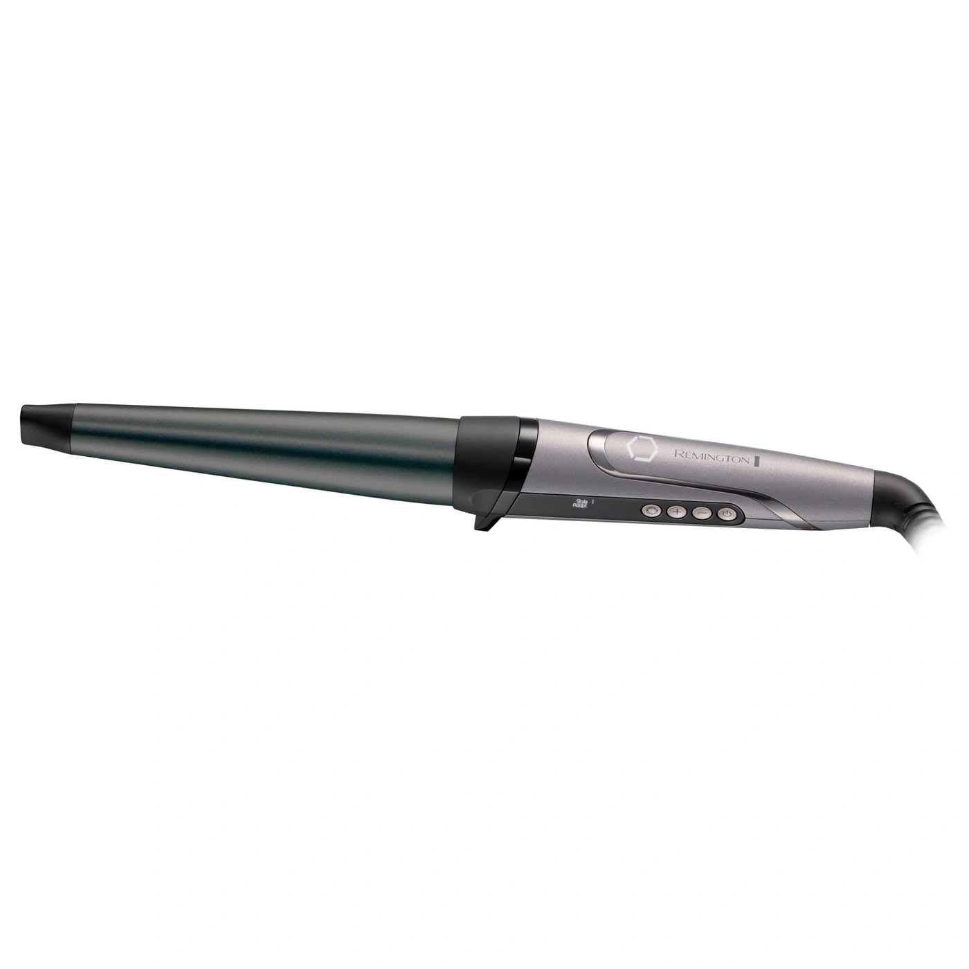 Ein grauer Remington Lockenstab mit konischer Form und Bedienelementen.