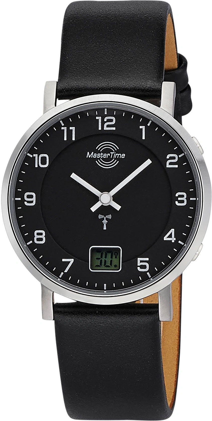 Schwarzgoldene Herrenuhr mit schwarzem Lederarmband und schwarzem Zifferblatt