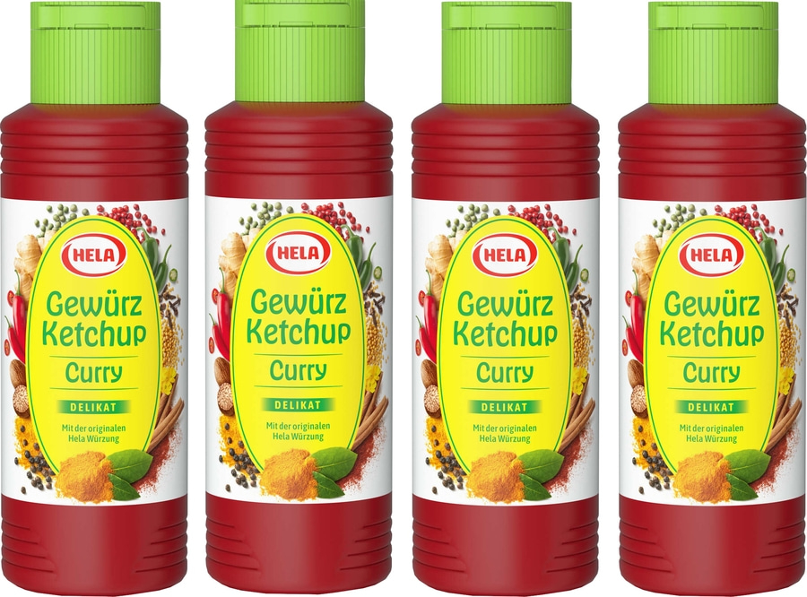 4 x Hela Ketchup Curry delikat Gewürzketchup 300 ml Flasche Ketchupflasche