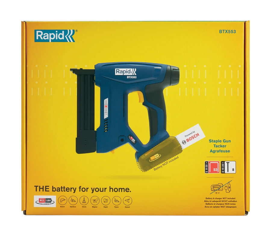 Verpackung eines blauen Rapid Akku-Tackers mit gelbem Griff und gelber Batterie.