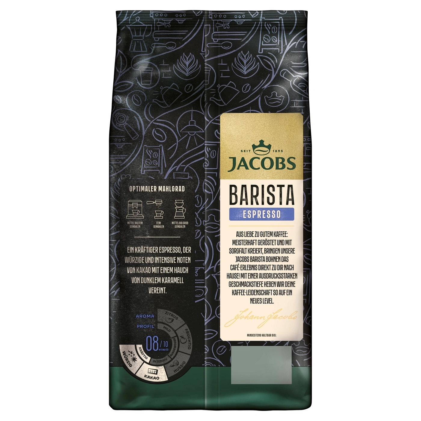 Jacobs Barista Espresso Kaffeepackung mit Aromaprofil und Mahlgradangaben