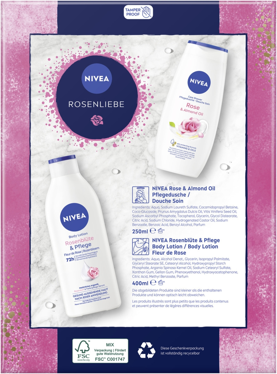 NIVEA Rosenliebe 2 x Geschenkset, Rose & Almond Oil Pflegedusche + Rosenblüten