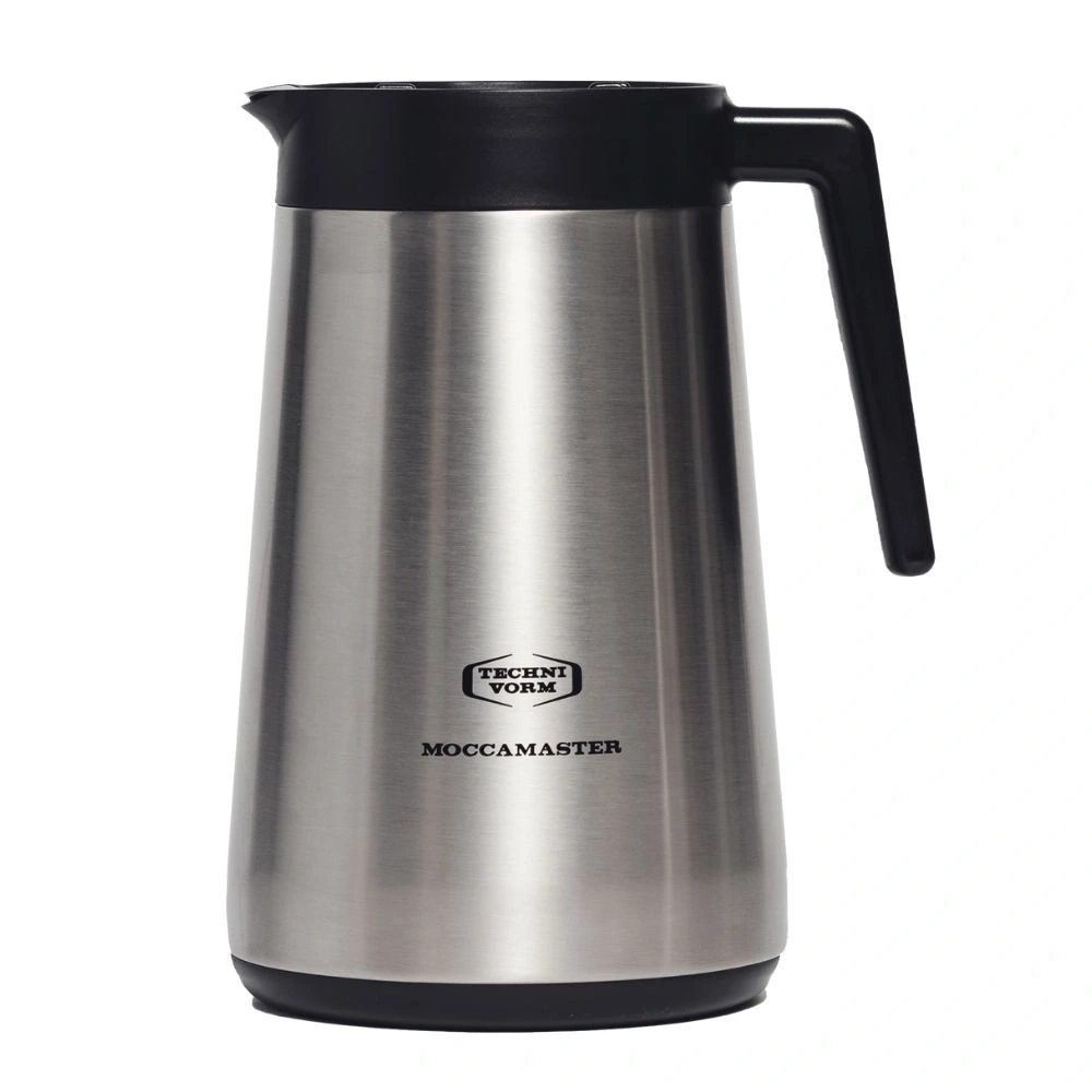 Edelstahl-Kaffeekanne mit schwarzem Deckel und Griff, Marke Moccamaster