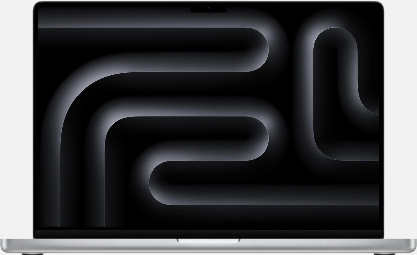 MacBook mit dunklem Hintergrund und gebogenen Linien.