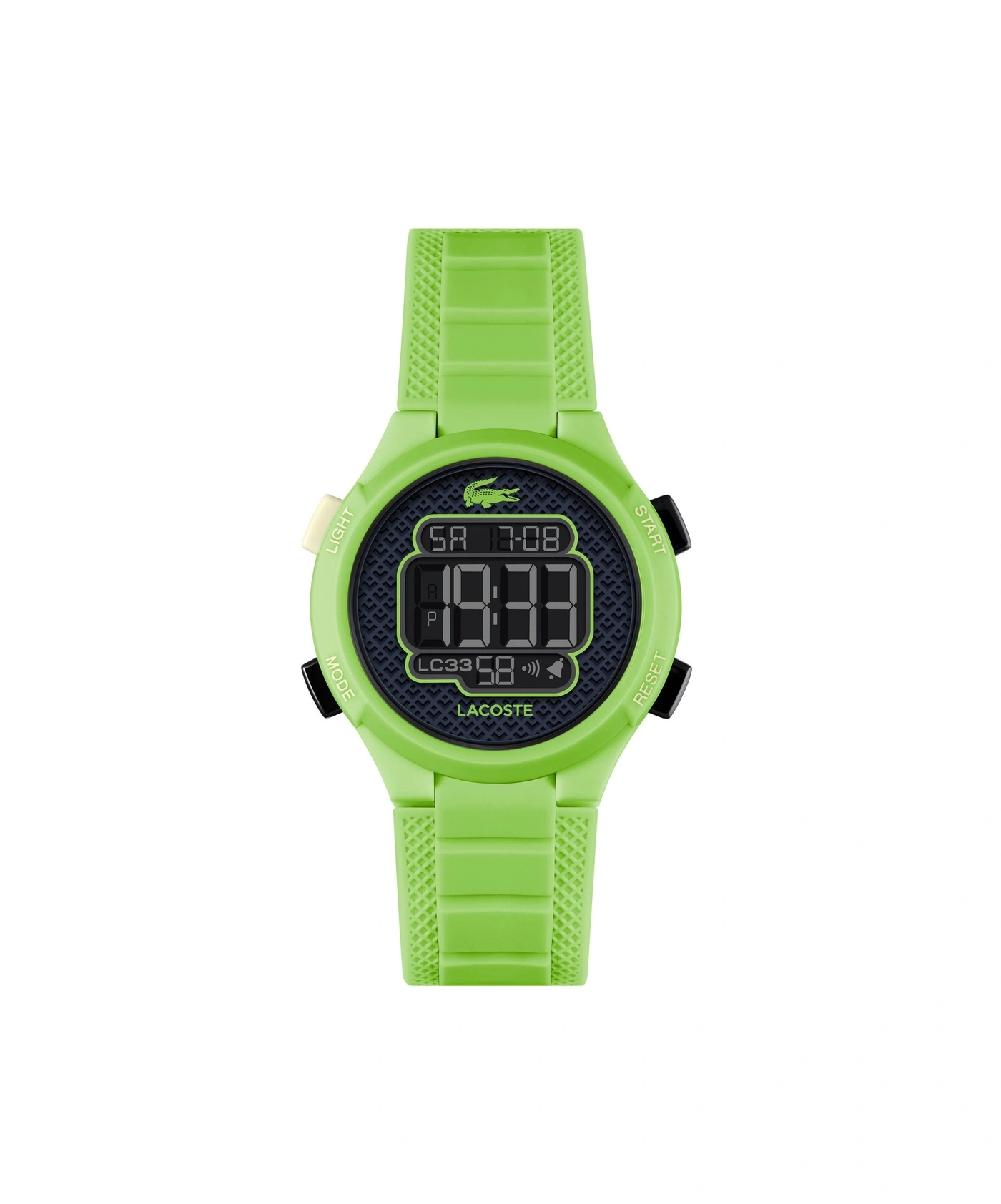 Grüne Lacoste Digitaluhr mit schwarzem Zifferblatt und Krokodil-Logo.