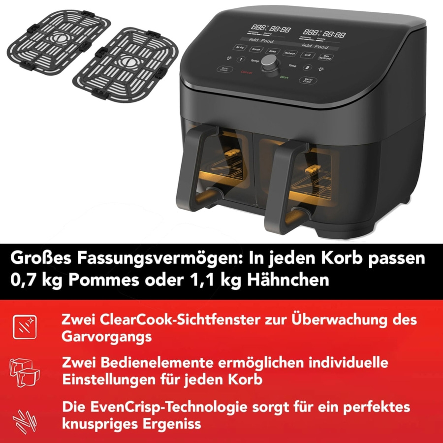 Doppelte Heißluftfritteuse mit Funktionen, Pommes und Hähnchen, Sichtfenster, Einstellungen.