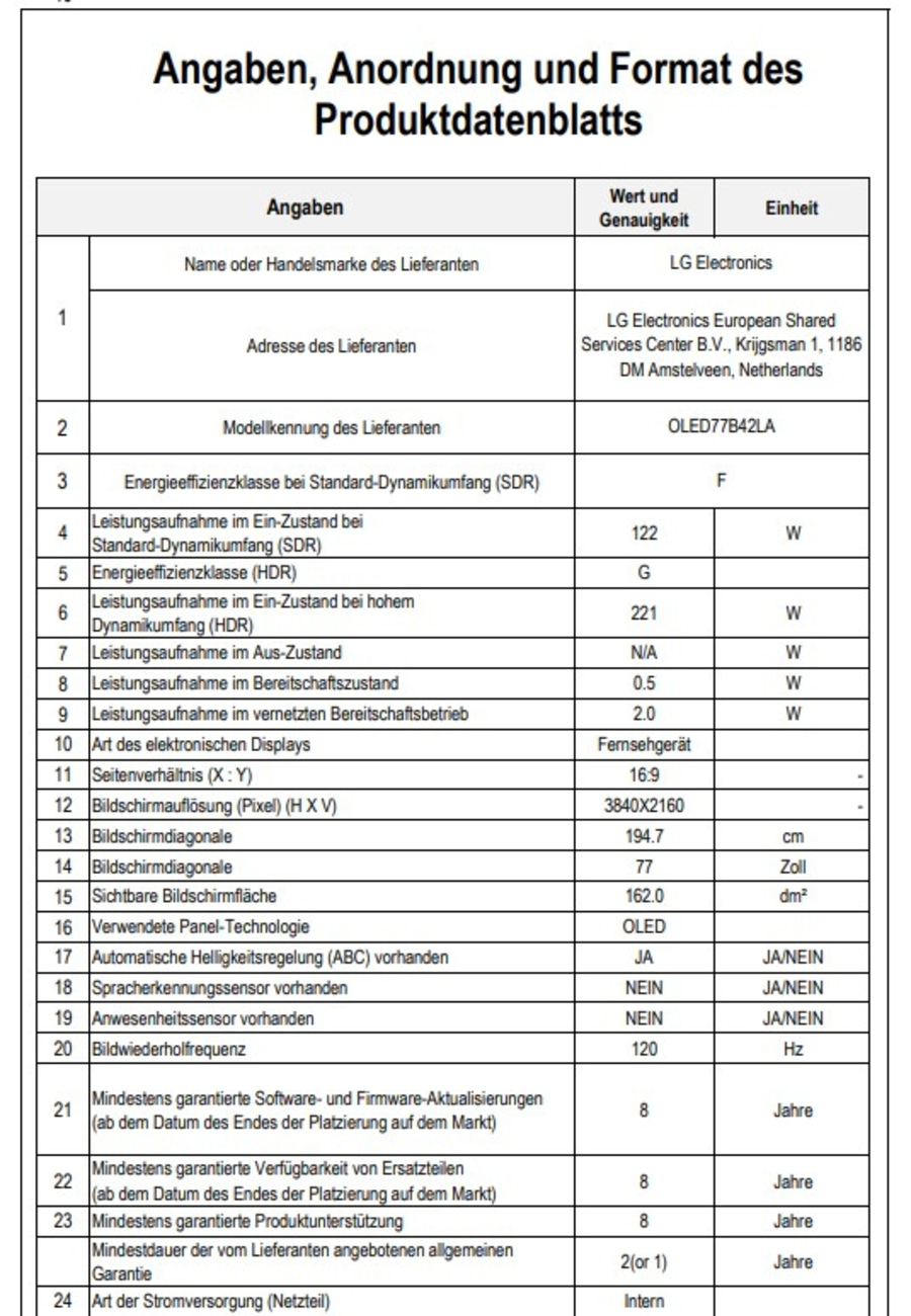 Produktdatenblatt mit Angaben zu Energieeffizienz, Bildschirm und Garantie.