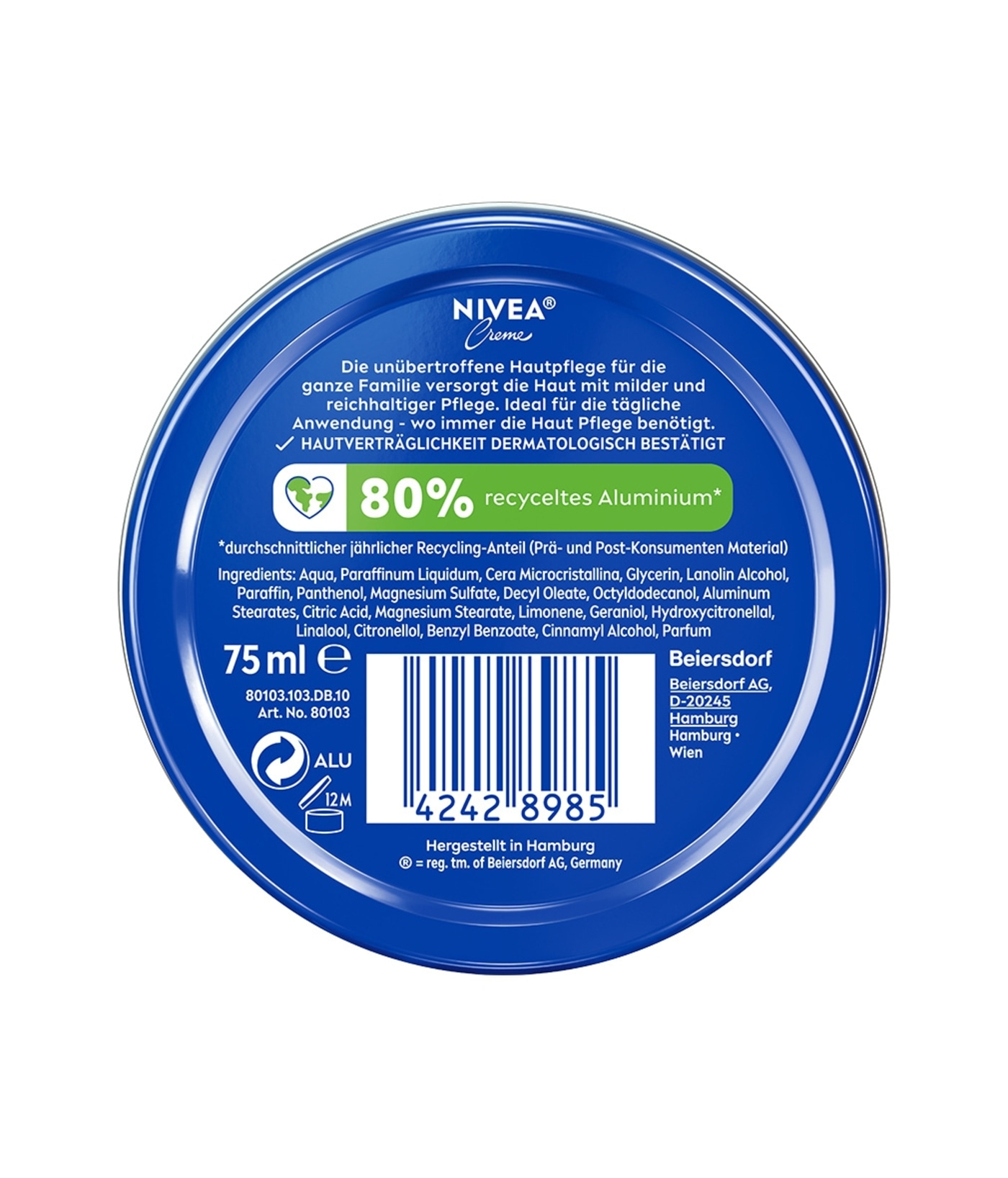 Deckel einer Nivea Creme Dose mit Produktinformationen und Barcode