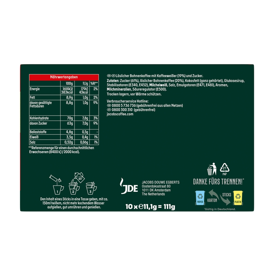 Nährwertangaben und Produktinformationen für Jacobs Kaffee-Sticks