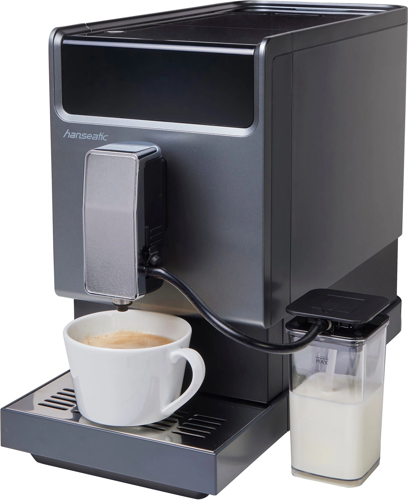 Kaffeemaschine mit Milchbehälter und Espresso in Tasse