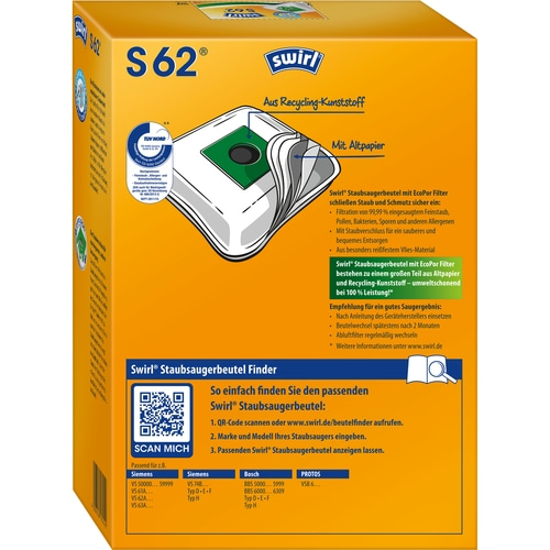 SWIRL Staubsaugerbeutel S 62 EcoPor® für Siemens/Bosch 12 Beutel