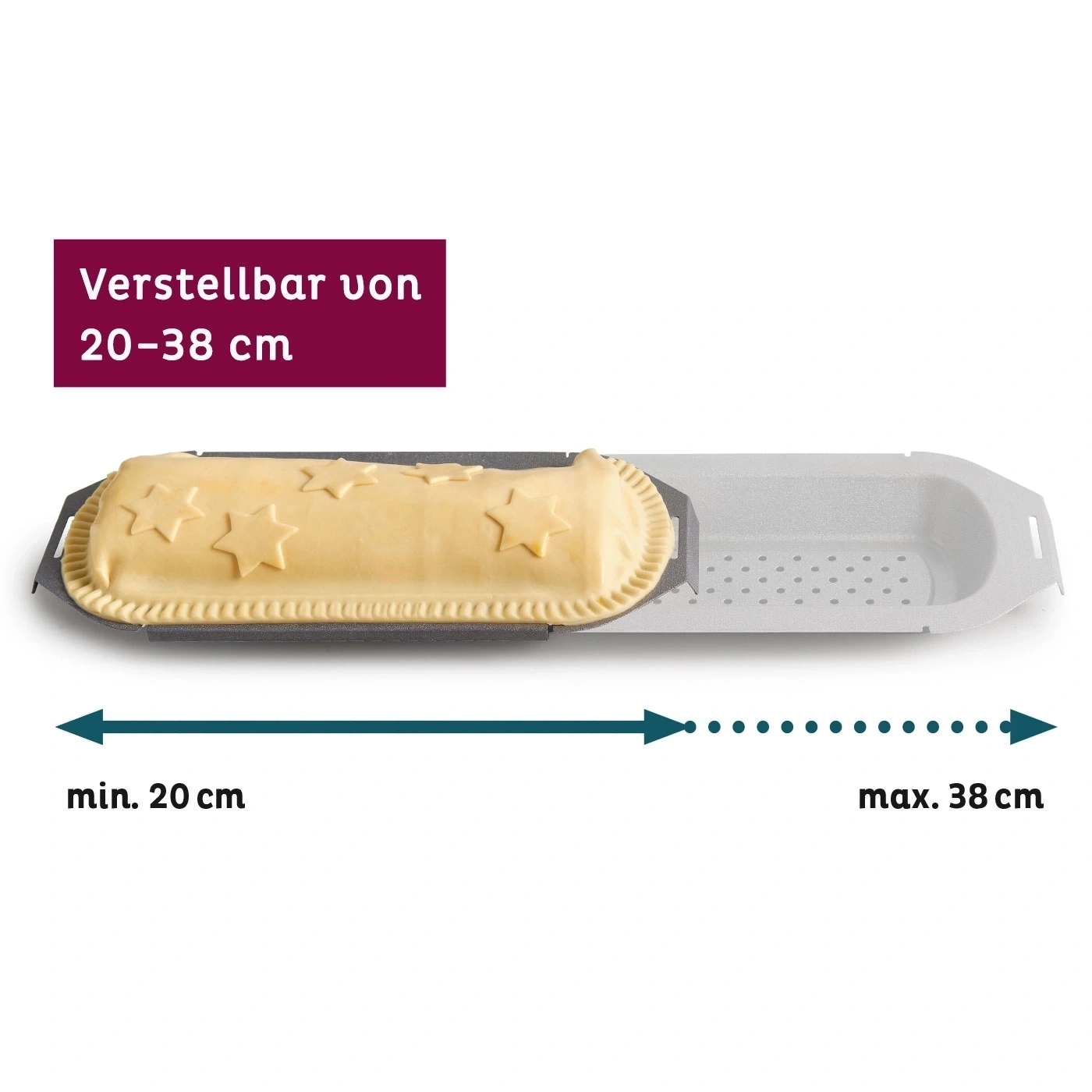 Verstellbare Backform, die von 20 bis 38 cm verstellbar ist, mit Gebäck.