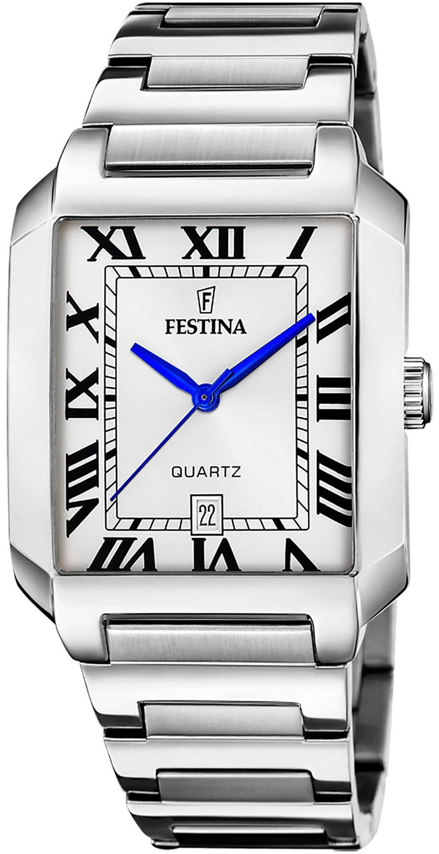 Eine silberne Festina Quarzuhr mit römischen Ziffern und blauem Zeigern.