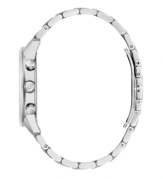 Silberne Uhr mit Armband, Seitenansicht, Detailaufnahme, elegant