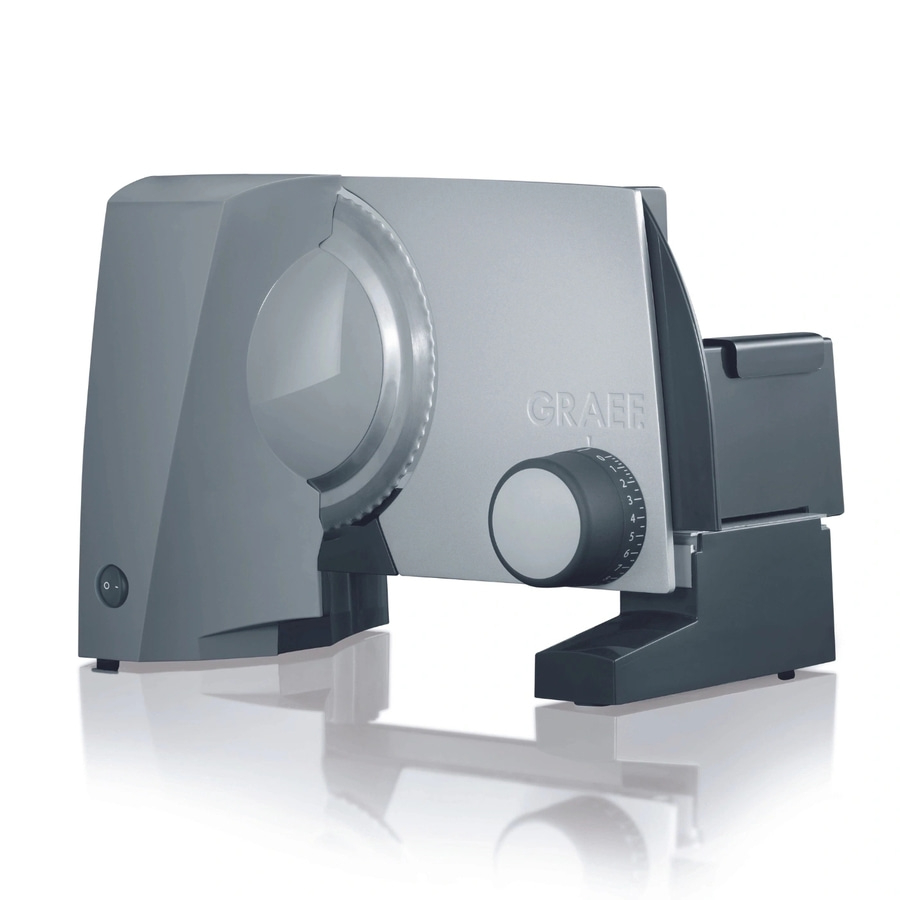 Graef Allesschneider, silberfarben, mit Drehknopf zur Einstellung der Schnittstärke und Logo