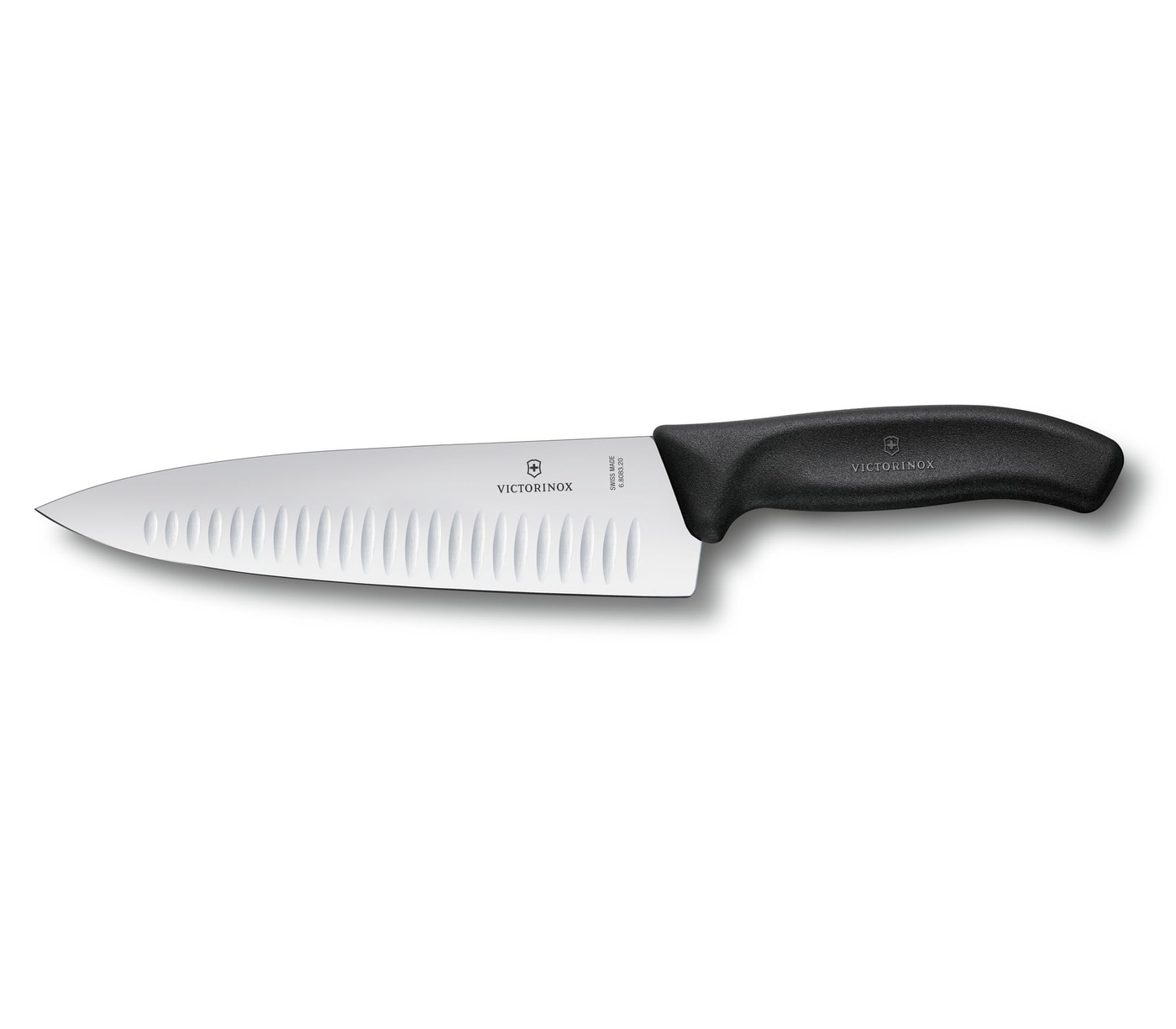 Küchenmesser von Victorinox mit schwarzem Griff und silberner Klinge, isoliert auf weißem Hintergrund