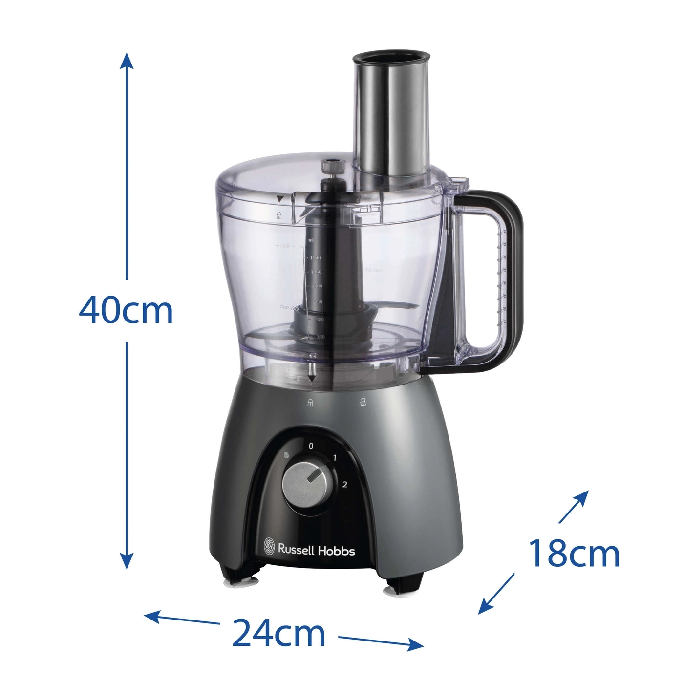 Küchenmaschine, 40cm hoch, 24cm breit, 18cm tief, Russell Hobbs, mit Messbecher und Messern.
