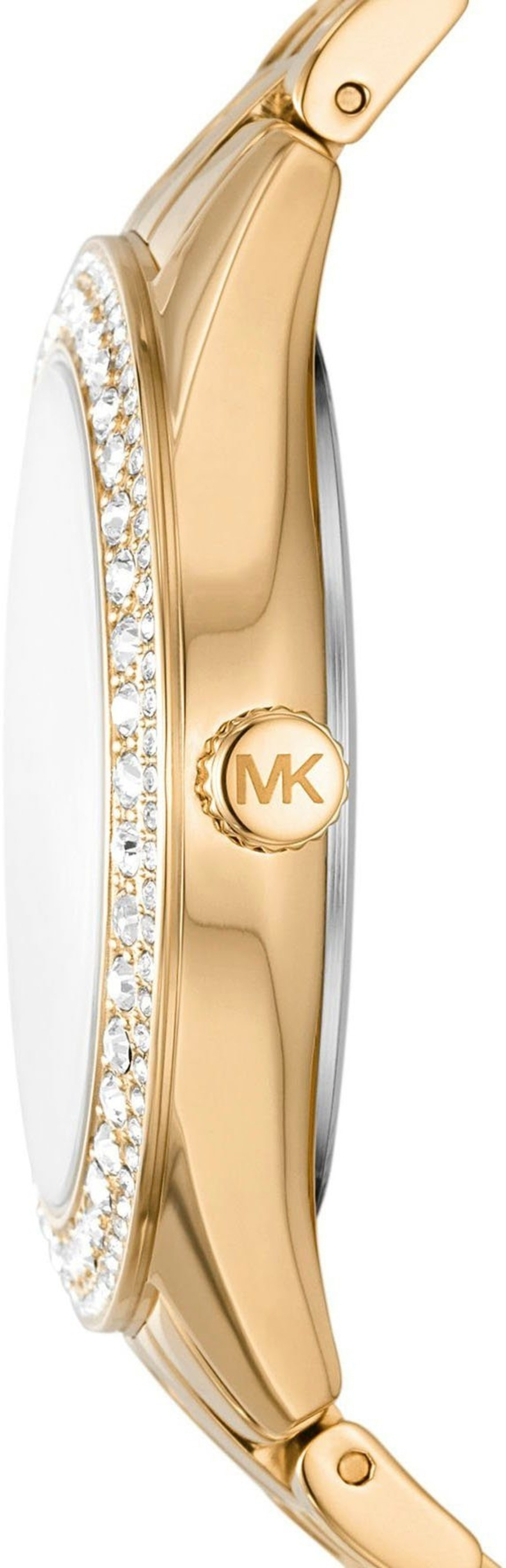 MICHAEL KORS Damen Armbanduhr HARLOWE MK4709 Quarzuhr Edelstahlarmband 38mm Goldene Uhr mit Diamanten und MK-Logo, Nahaufnahme, Detailaufnahme, Schmuck