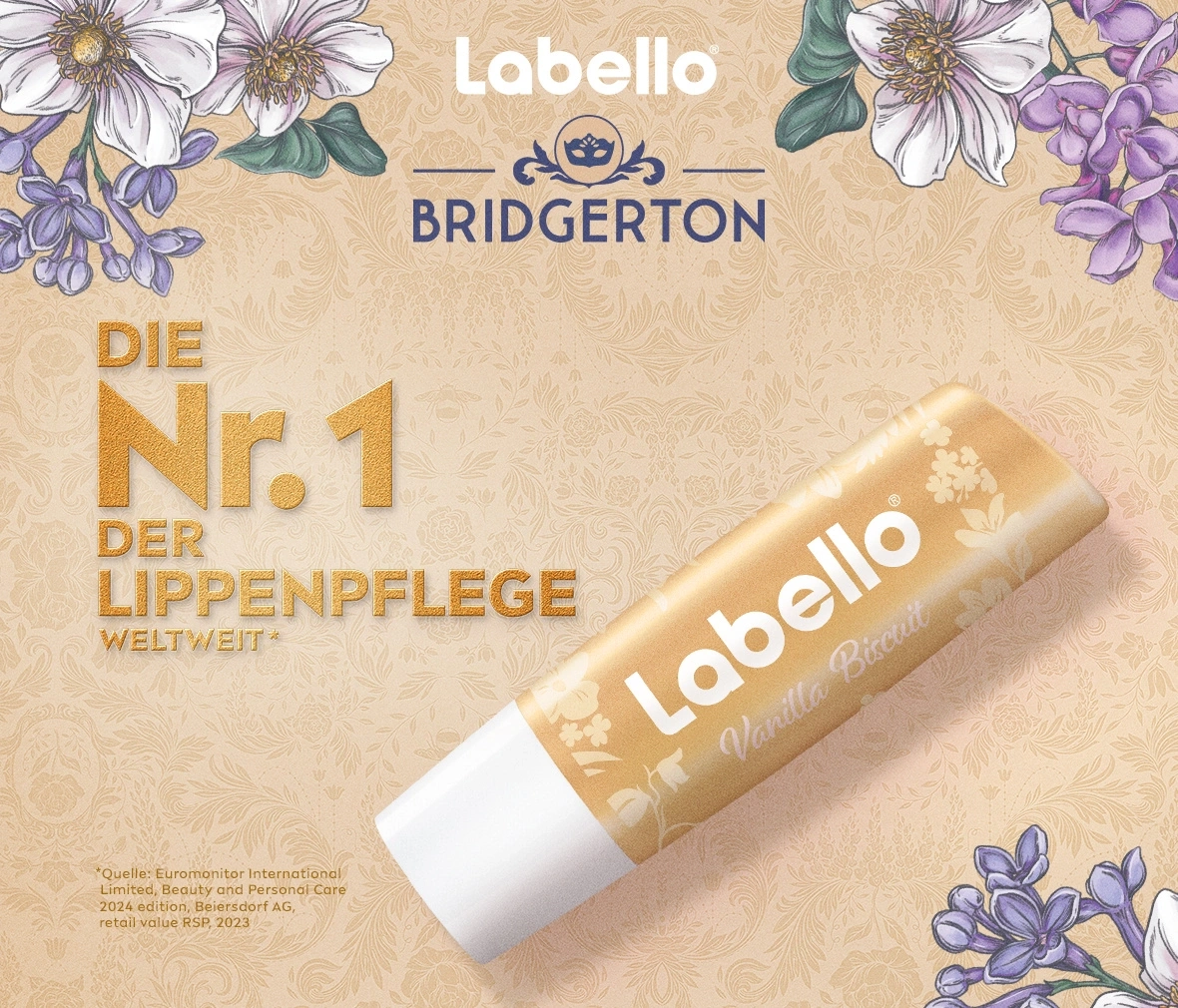 Labello Lippenpflege mit Bridgerton-Design und Vanille-Keks-Geschmack