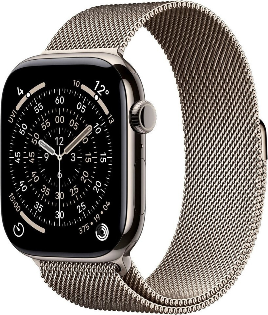 Eine silberne Apple Watch mit einem Milanaise-Armband und einem schwarzen Zifferblatt.