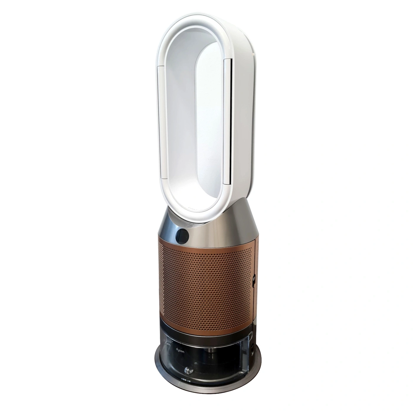 Moderner Dyson Luftreiniger mit kupferfarbenem Gitter und silbernem Oberteil