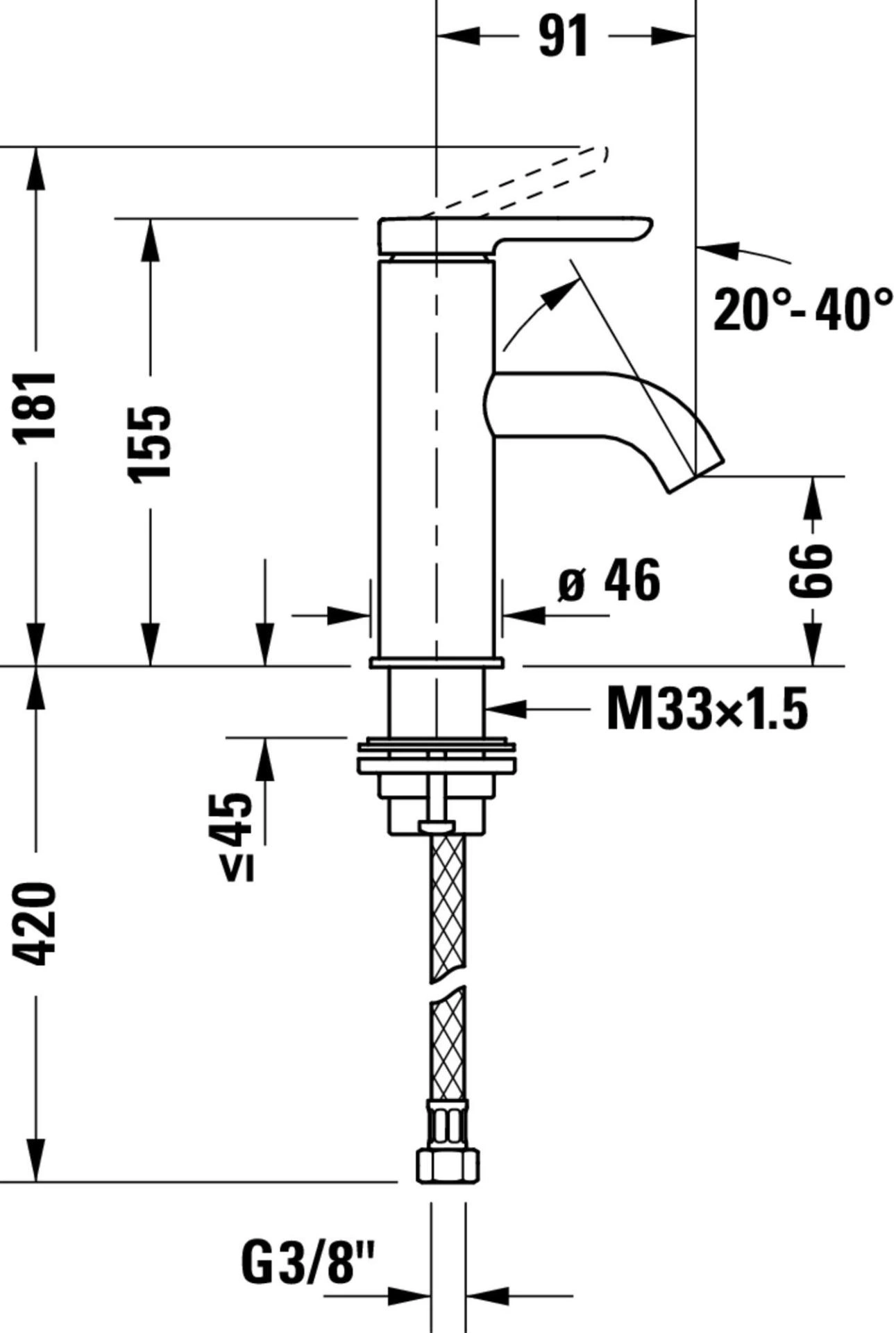 Wasserhahn mit Maßen: 420mm, 181mm, 155mm, 99mm, 91mm, Ø46mm, M33x1.5, G3/8", 20°-40°