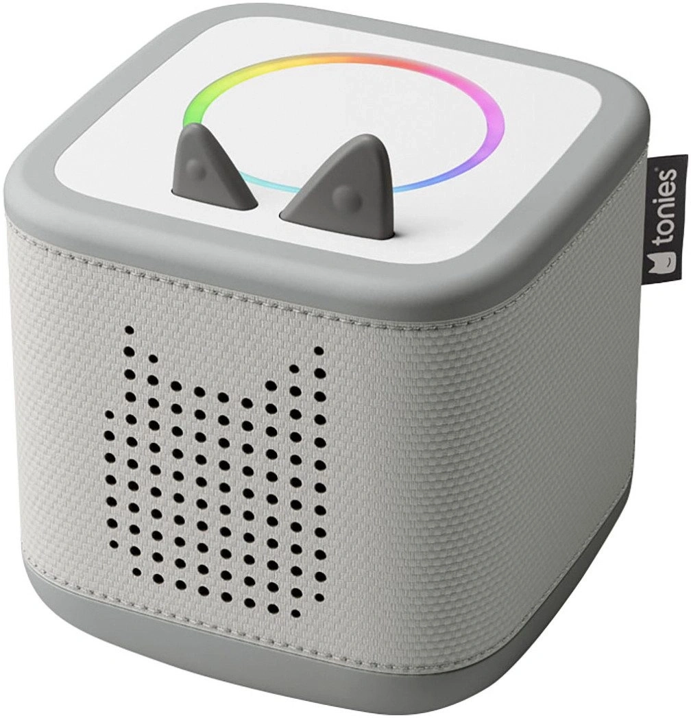 Ein niedlicher Toniebox-Lautsprecher mit Ohren und Regenbogenlicht.
