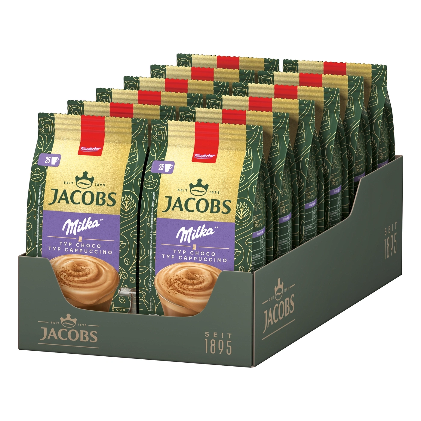 Jacobs Milka Typ Choco Typ Cappuccino Kaffee in einer grünen Verkaufsverpackung