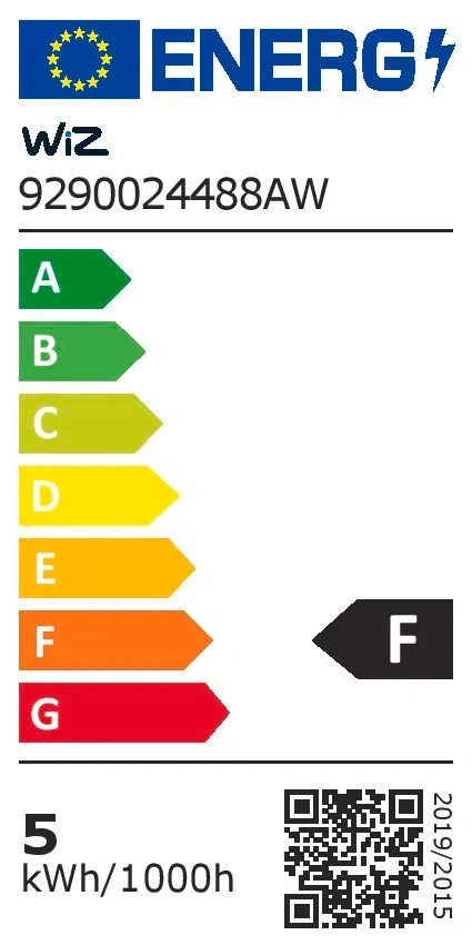 Energielabel mit Skala A bis G und Energieverbrauch 5 kWh/1000h