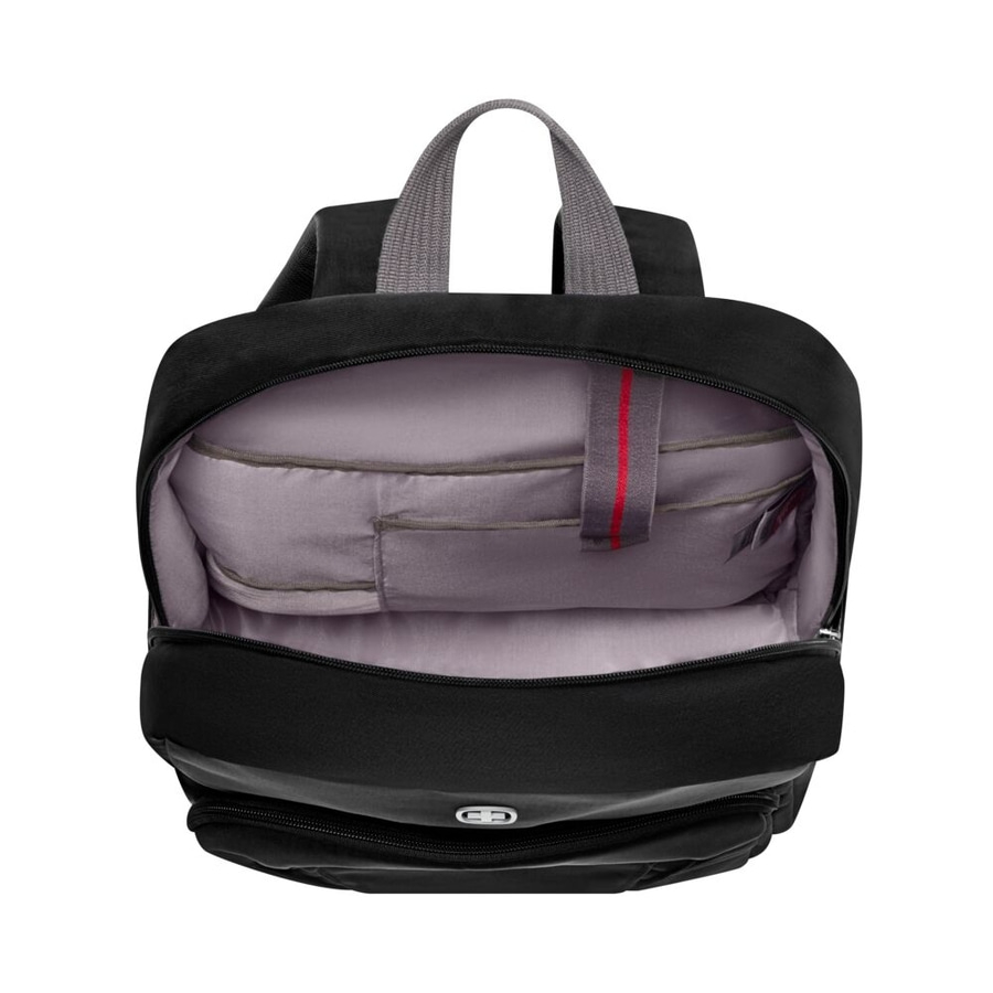 Schwarzer Rucksack, offen, mit grauem Innenfutter und rotem Detail, Nahaufnahme
