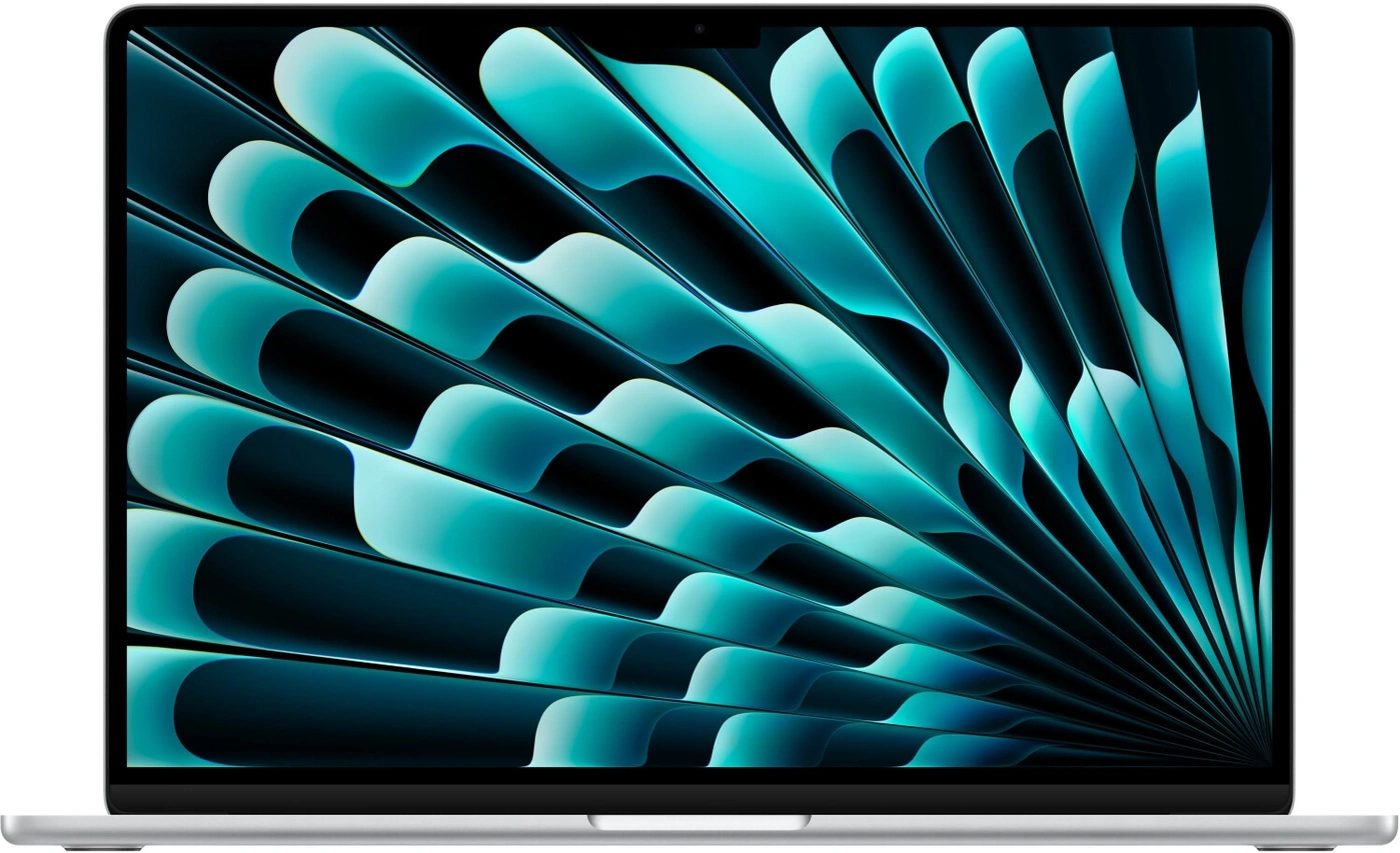 Ein MacBook mit einem tealfarbenen, wellenförmigen Hintergrundbild.