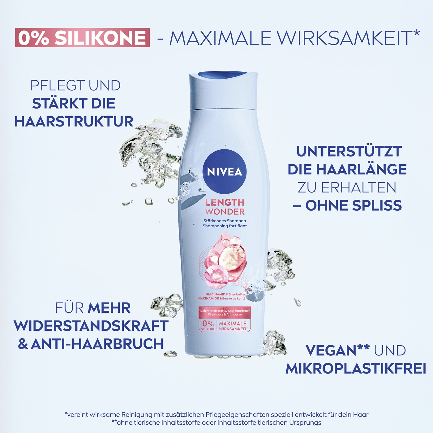 Nivea Shampoo mit Niacinamid und Sheabutter für längeres Haar ohne Spliss.