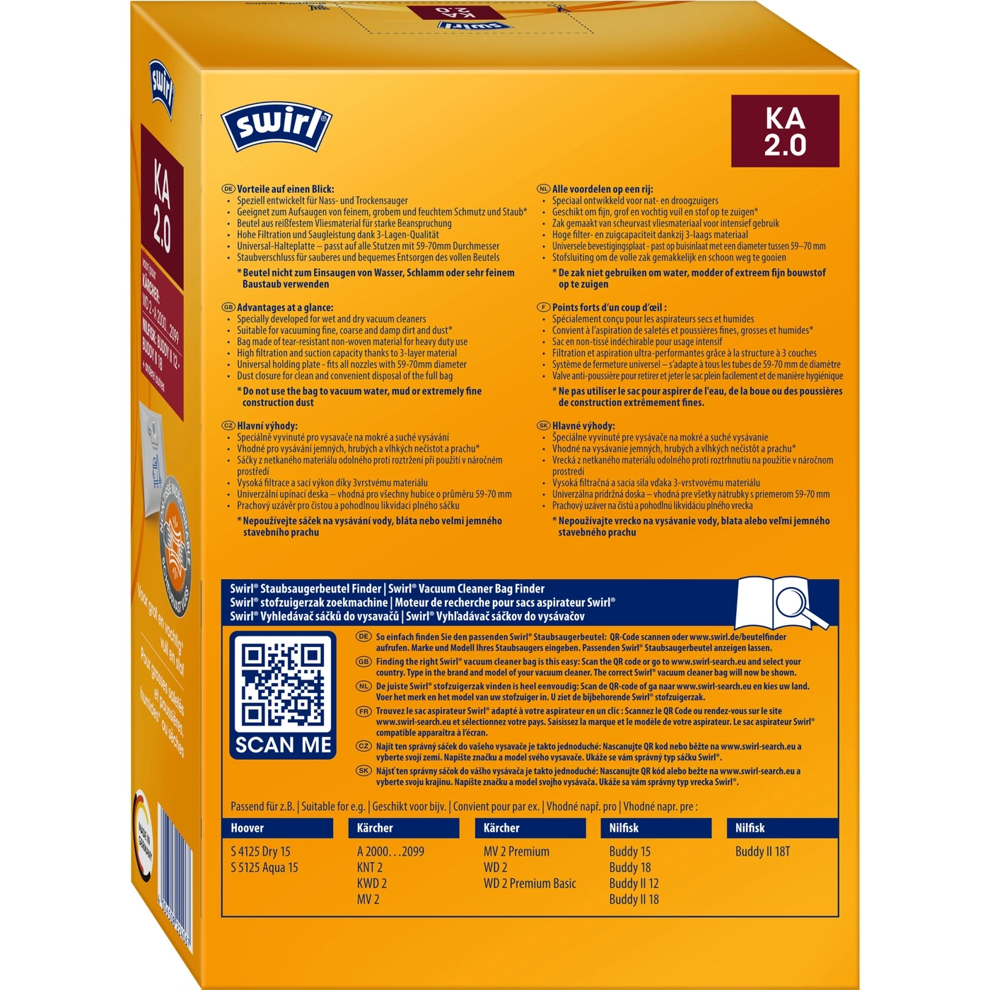 Swirl Staubsaugerbeutel Packung. Enthält Informationen zu Kompatibilität und Anwendung. Mit QR-Code.