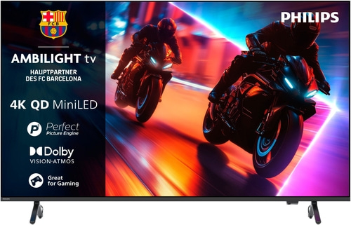 Philips Fernseher mit Ambilight, 4K, MiniLED, Dolby Vision, für Gaming, mit Motorrad