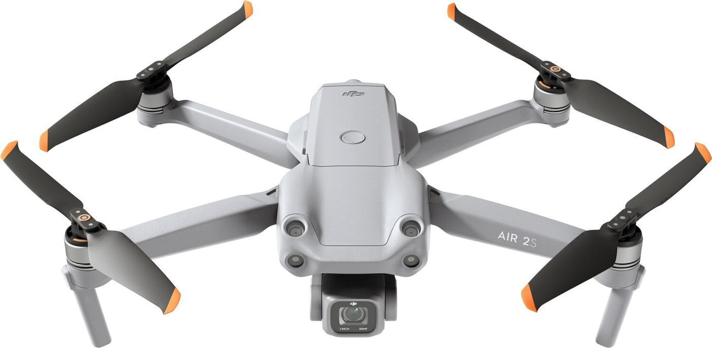 Drohne DJI Air 2S, grau, mit Propellern und Kamera, Luftaufnahme, Technologie