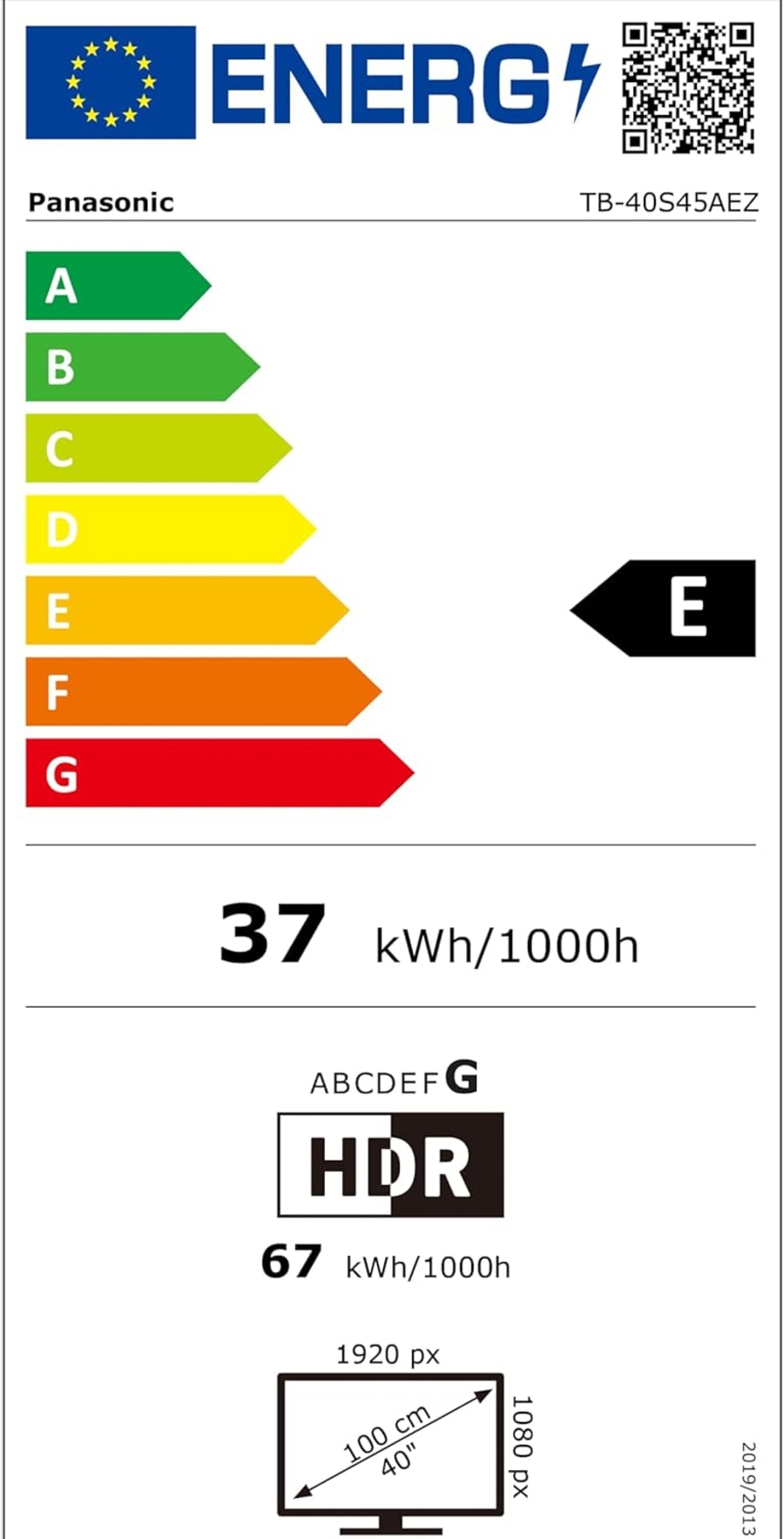 Energieeffizienzlabel für Panasonic Fernseher, Energieklasse E, 37 kWh/1000h, HDR