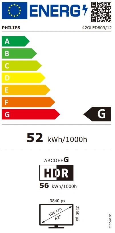 Energielabel für Philips Fernseher mit Energieeffizienzklasse G und 52 kWh/1000h.